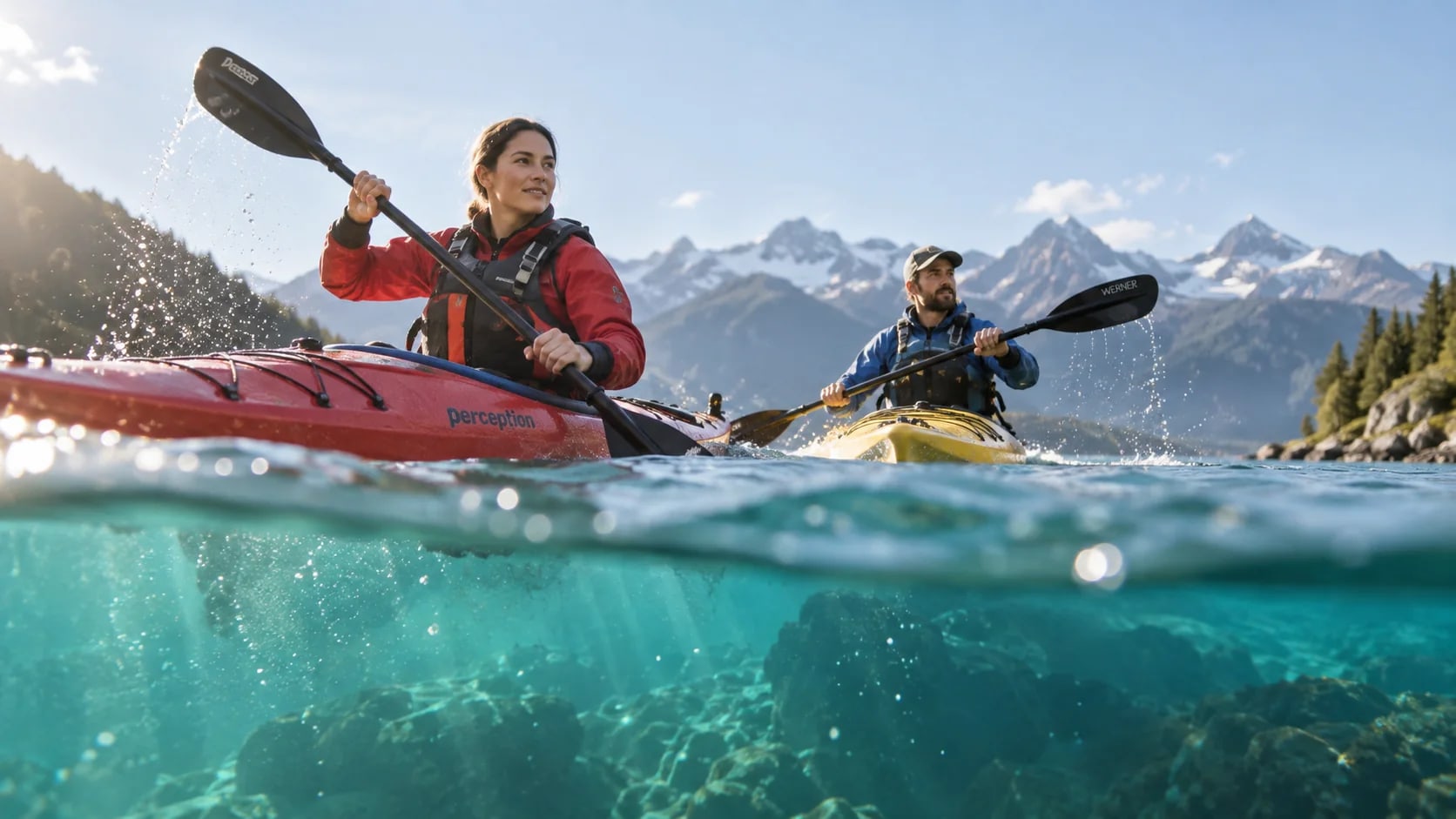 Dos viajeros haciendo kayak en un lago de montaña